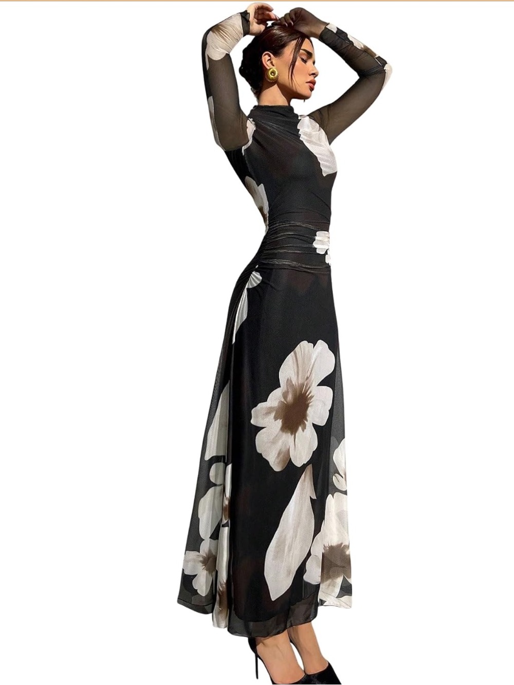 Black Floral Mesh Long Sleeve Maxi Dress